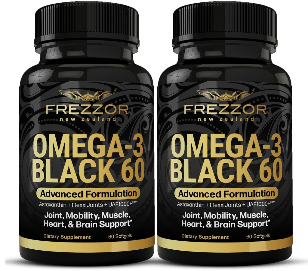FREZZOR Omega 3 Nero per Joint Care & Comfort - Nuova Zelanda Green Lipped Mussel olio capsule; 53x Alta potenza con UAF1000+ Super Antiossidante, No Fishy Aftertaste, 60 Conte (Pack of 2)