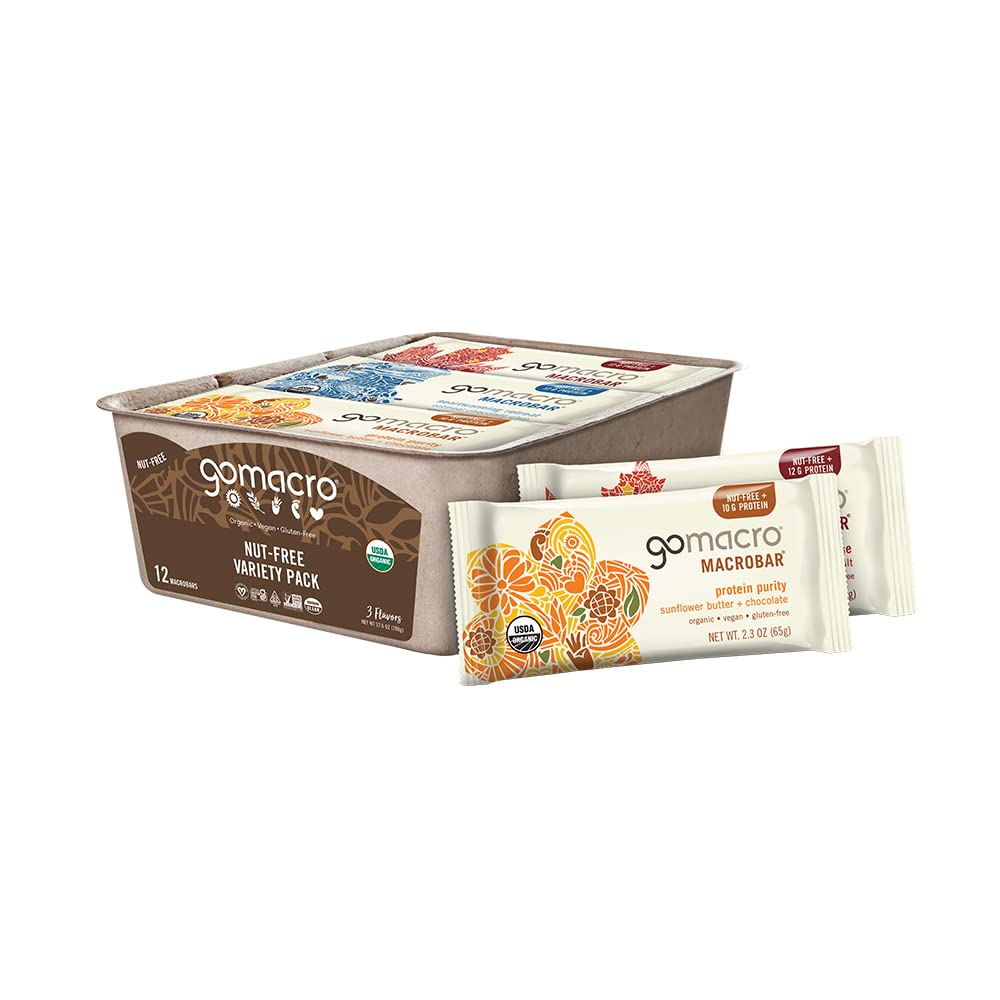 GoMacro MacroBar Organic Vegan Protein Bar, Nut Free Variety Pack, 2.3 Oz, 12 Conte