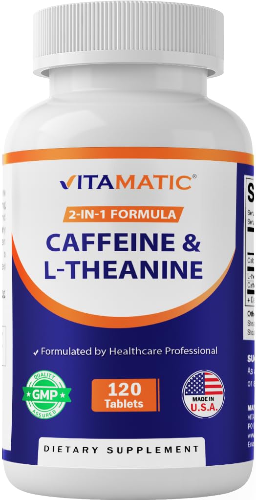 Vitamatic L-teanina 200mg con caffeina 100mg – 120 compresse vegetariane Nootropic Supplemento per energia messa a fuoco & Clarity mentale