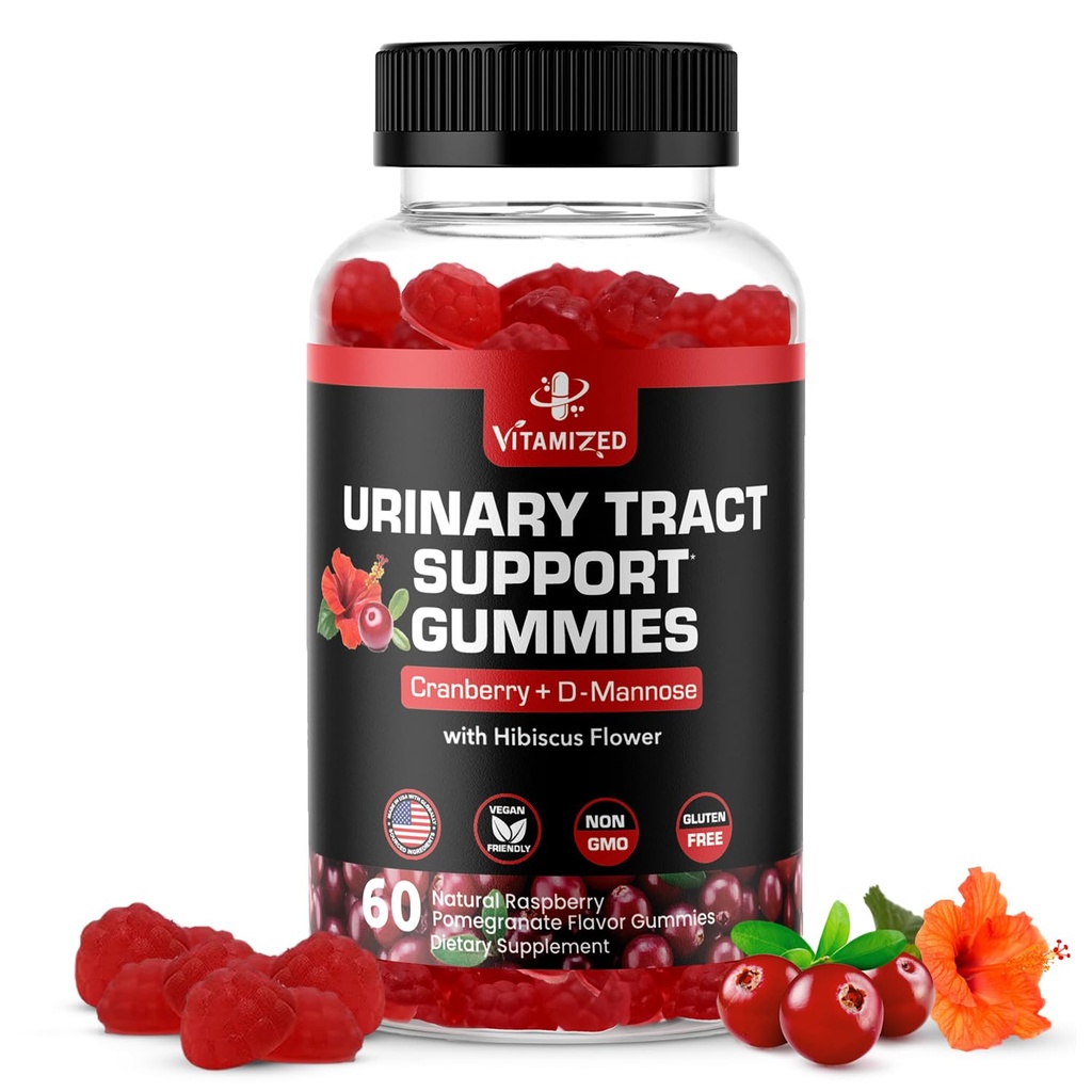 Potenti Gummies di mirtillo 1500mg con D Mannose - Salute del tratto urinario per le donne e gli uomini, Flush e la vescica urinaria Integratori di supporto ad azione rapida con polvere di ibiscus, 60 Conte