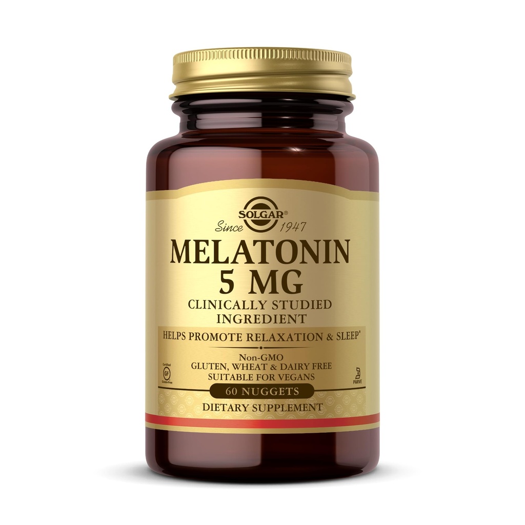 Solgar Melatonin 5 mg, 60 Nuggets - Aiuta a promuovere il relax e il riposo - Melatonina clinicamente studiata - Vegan, Gluten Free, Dairy Free, Kosher - 60 Serve