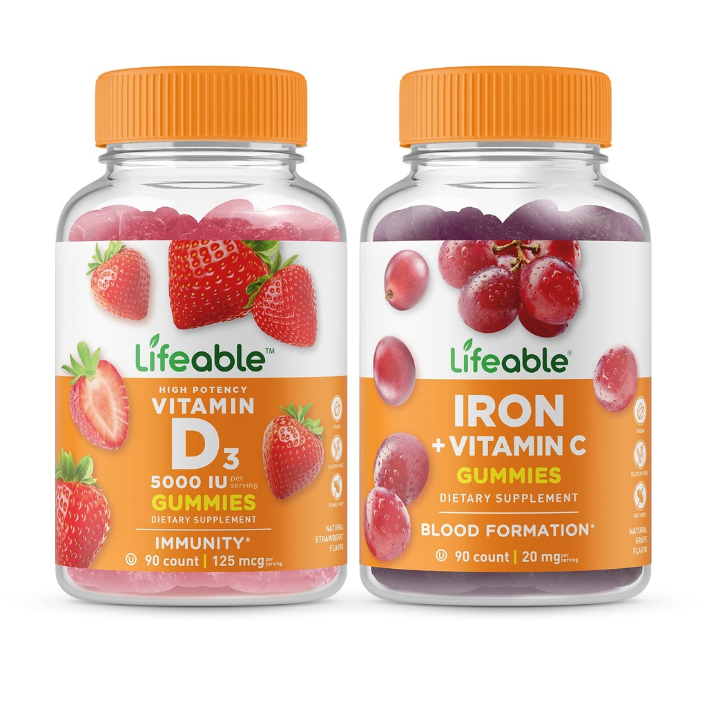 Vitamina D 5000 IU + Ferro con vitamina C, Gummies Bundle - Grande Degustazione, Integratore di vitamina, Senza glutine, OGM Free, Gomma masticabile