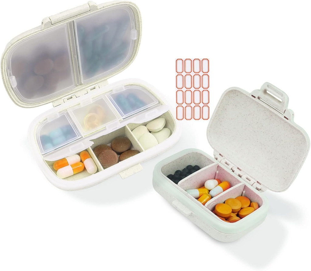 Scatola dell'organizzatore della pedana 2 Pack - Dispenser della piccola pila Home Travel Essentials Supplement Holder Portable Vitamin Case 8 Compartment & 3 Compartment Container Daily Medicine