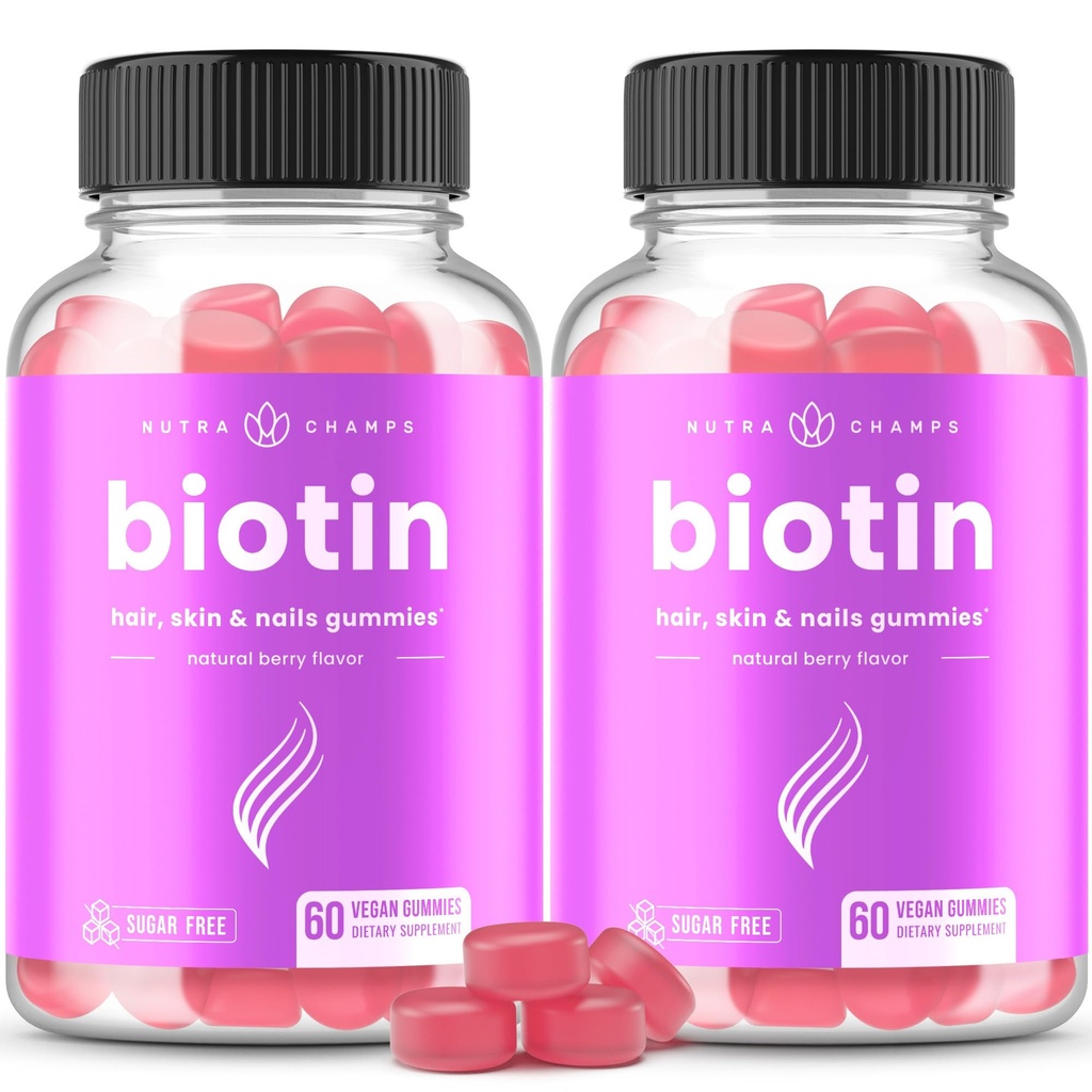 NutraChamps Zucchero Biotin Gummies 10000mcg [Alta Potenza] - Capelli sani, Pelle & Unghie per Donne, Uomini & Bambini - 5000mcg in Ogni pancia - Vegan Hair Health Vitamins Supplement - Raspberry (2-Pack)