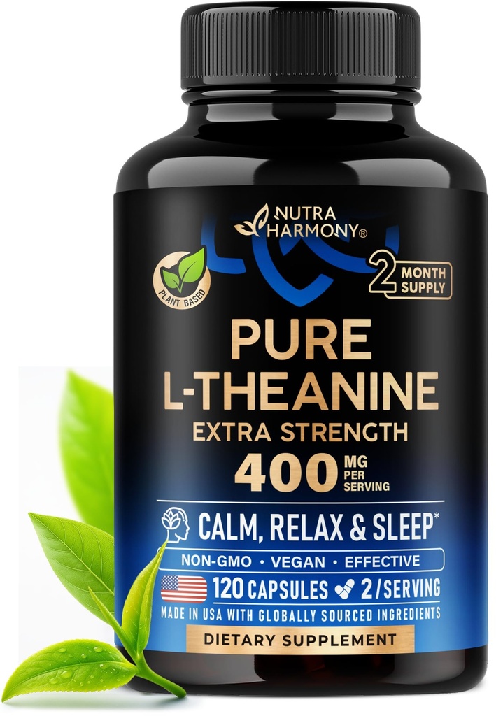 L Theanine 400 mg | L-Theanine Stress Relief | Extra Strength Supplement | Made in USA | Relax, Sleep & Calm Support | For Men & Women | Plant Based, Non-GMO & Gluten-Free | 120 Vegan Capsule