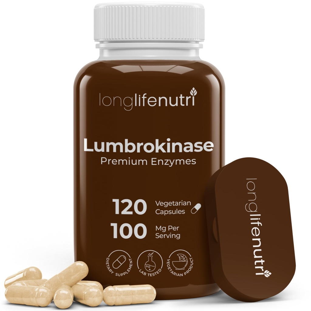 LongLifeNutri Lumbrokinase 100mg – Attività massima 2.000.000 di unità per servire, 120 capsule vegetariane, alimentazione di 2 mesi, supplemento naturale di enzima per la salute circolatoria, laboratorio testato, fatto in USA