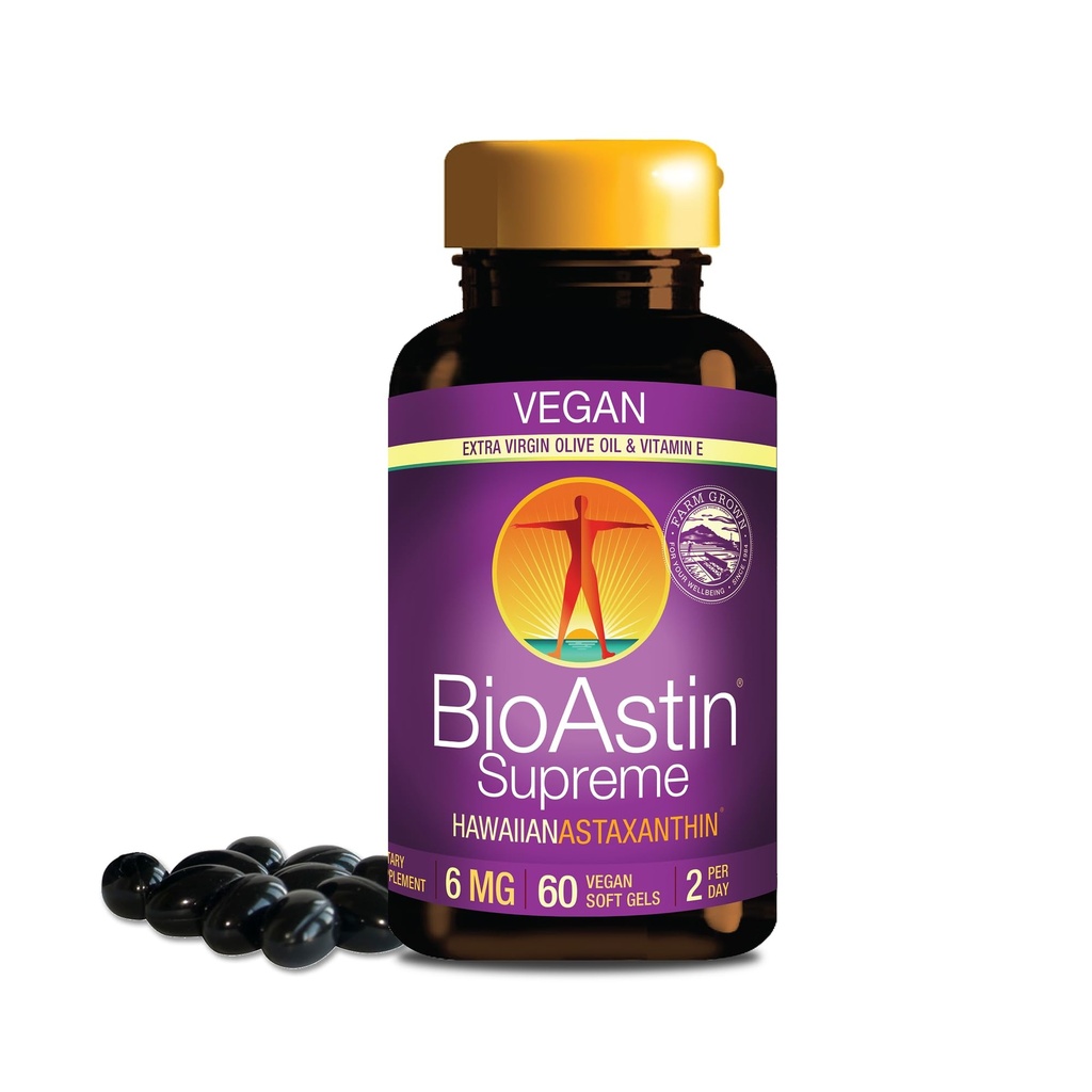 Nutrex Hawaii BioAstin Supreme Hawaiian Astaxanthin - 6mg, 60 Softgels - Farm-Direct Premium Antiossidante Supplemento per Occhi, Pelle, Joint & Immune System Health* - Blended with Extra Virgin Olive Oil