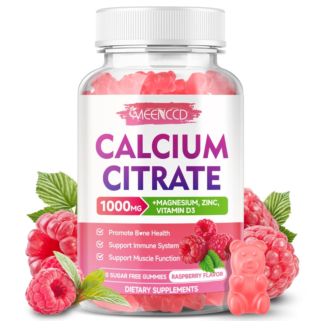Calcium Citrate Gummies 1000mg w/Vitamin D3, High Absorption Calcium Supplemento per le donne e gli uomini, Plus Magnesium, Potassium, Zinc for Muscle & Immune, Sugar-Free, Raspberry Flavor, 60 Count