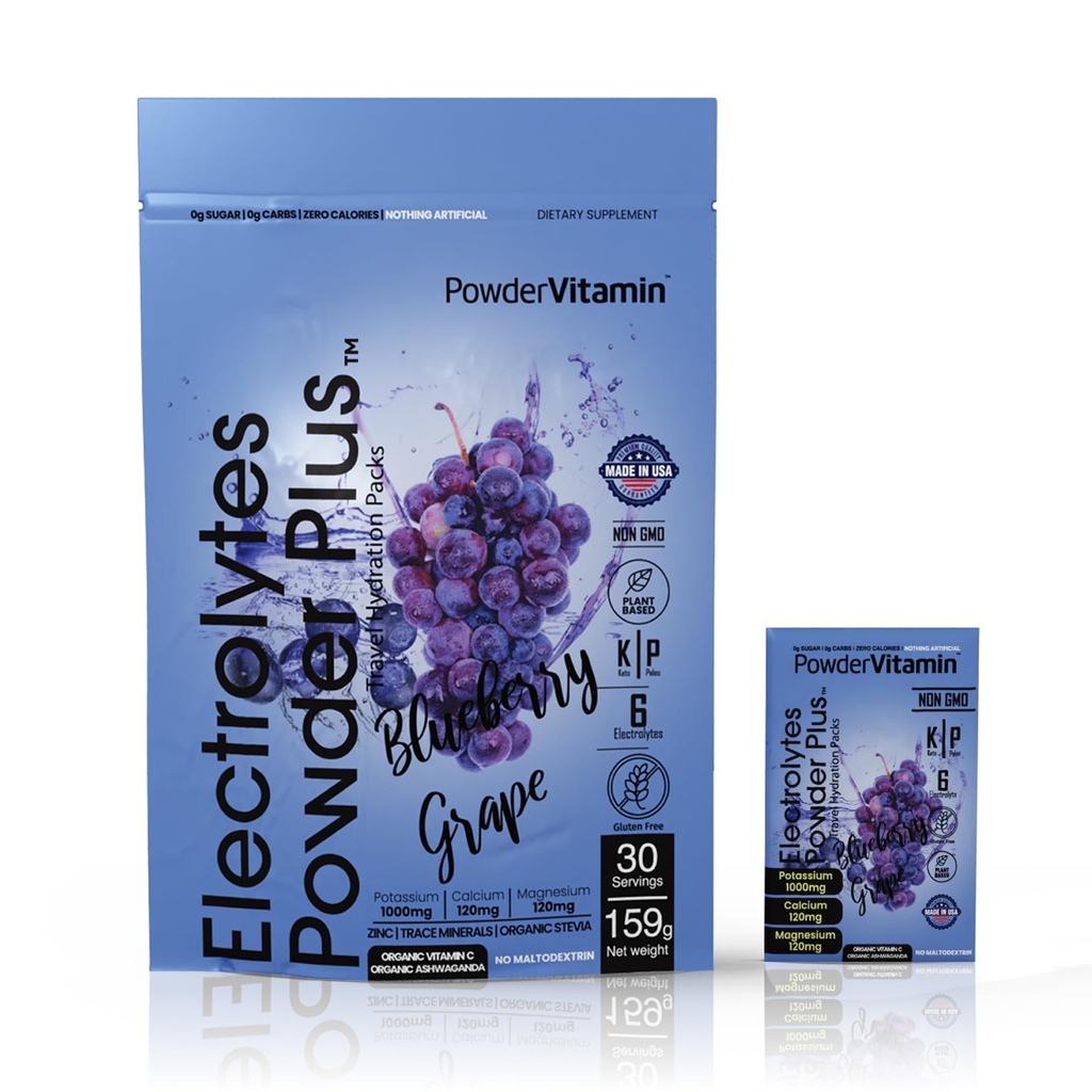 PolvereVitamina Elettroliti Polvere Plus, Keto, Mirtillo Uva, Zucchero Zero, Potassio 1000mg, Calcium 120mg, Magnesio 120mg, Non OGM, Calorie Zero, 30 Pacchetti di Idratazione