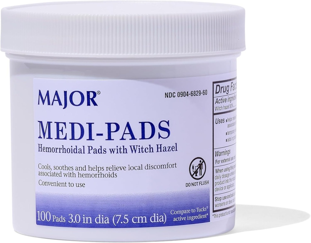 MAJOR Medi-Pads - Pulitura igienica emorroidale Hazel Pads - Rilievo di raffreddamento con Aloe - 100 Conte Jar (1 Confezione)