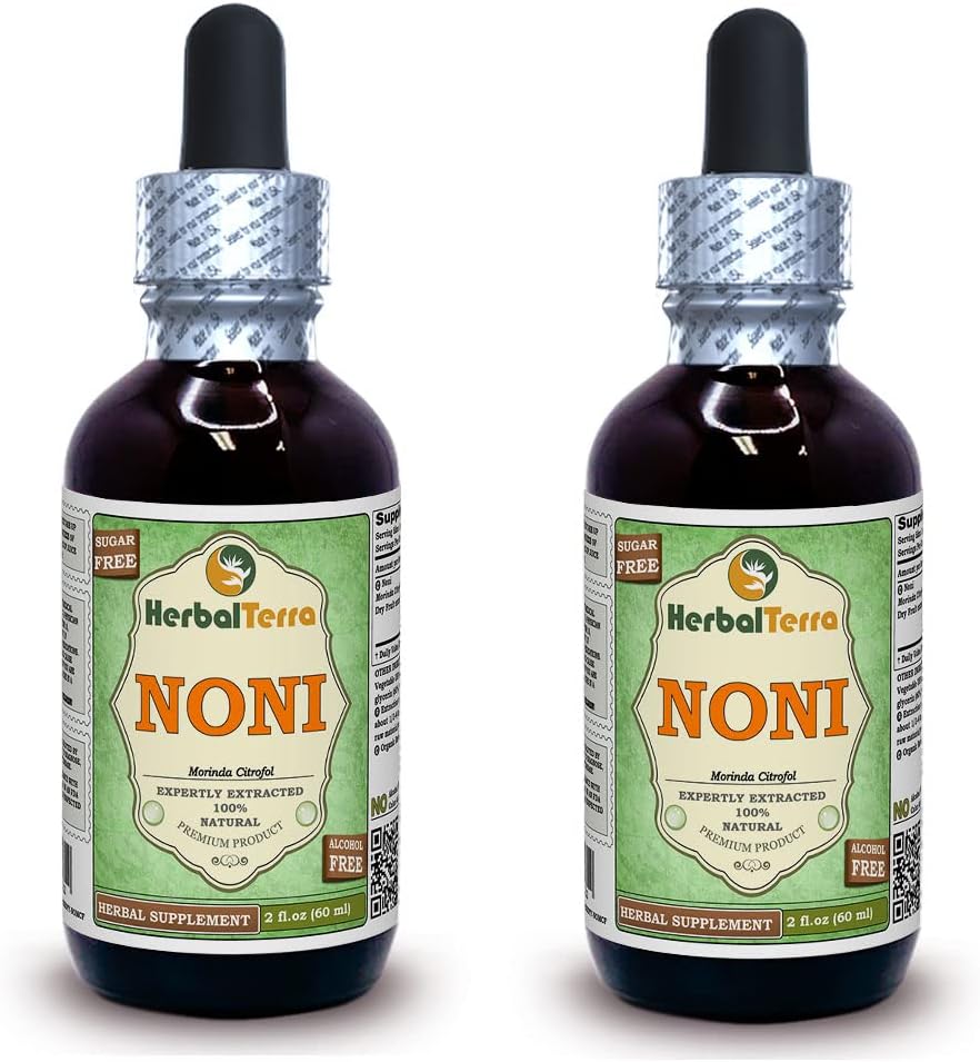 Noni (Morinda Citrofol) Glycerite, Organic Dried Fruits Alcohol-Free Liquid Extract (Nome: HerbalTerra, Proudly Made in USA) 2x2 fl.oz (2x60 ml)