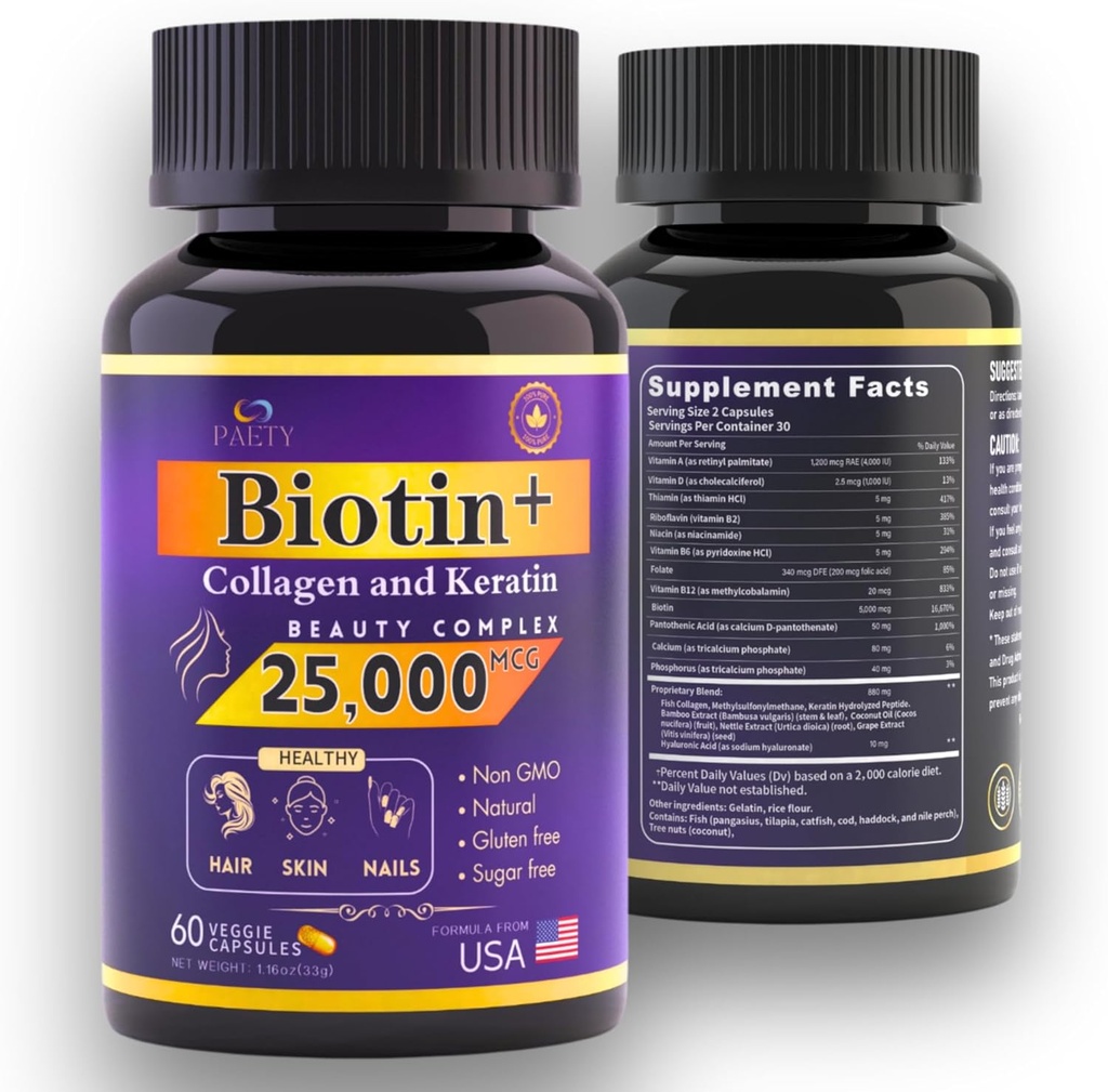 Rivitalizza la tua bellezza! Biotina, Collagen & Keratin Complex – 25.000 mcg con acido ialuronico & B Vitamine – clinicamente testato per capelli lussureggianti, pelle radiante, unghie forti – 60 capsule