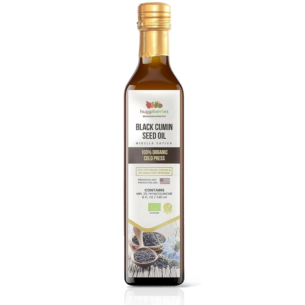Huggiberries Organic Black Seed Oil Liquid - Bottiglia Glas- Olio senza glutine per insalate, Dips, Abiti, Veggies - Cumino turco pressato a freddo, Ricco di Thymoquinone Immunity Supplemento - 8 fl.oz./250ml