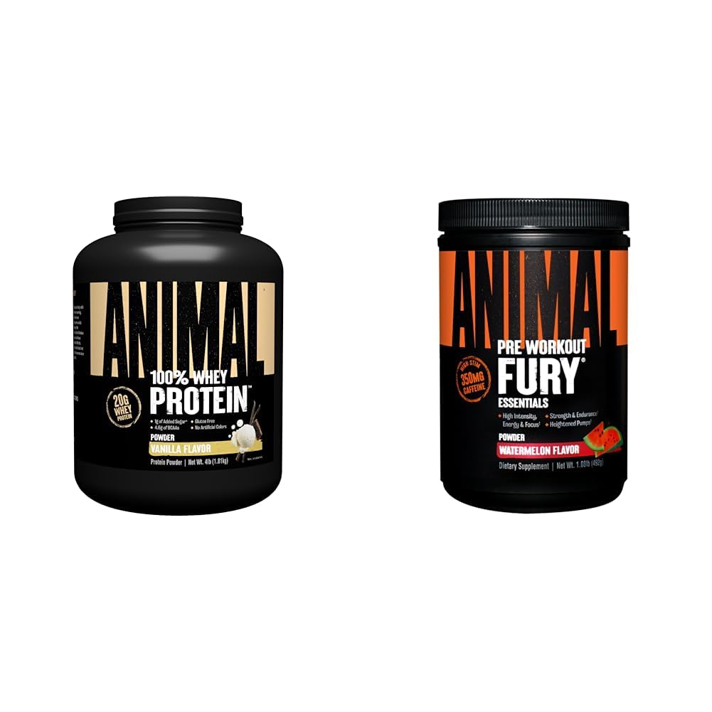 Animale 100% Whey Protein Polvere Vanilla 4lb Bundle Fury Pre Workout Powder Supplement Watermelon 16.96oz