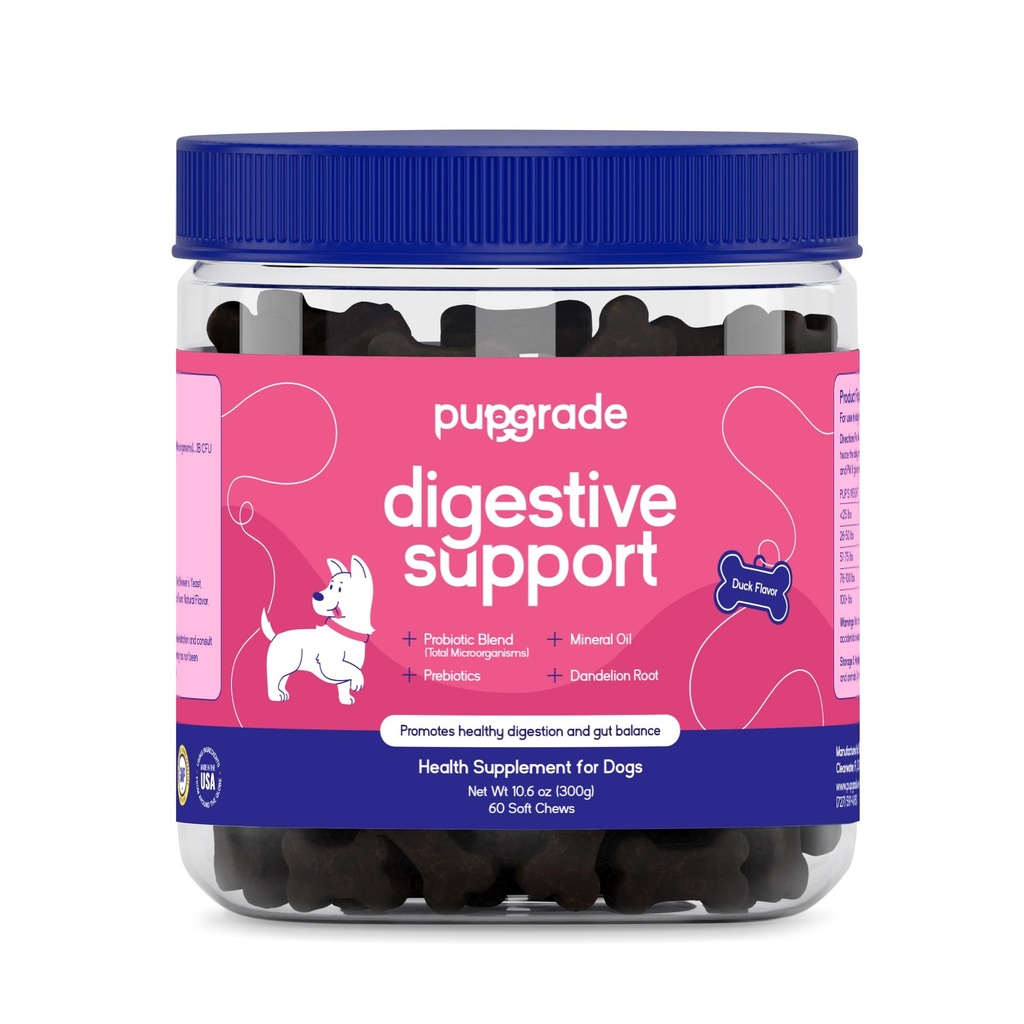 PupGrade Digestive Support Chews for Dogs - Prebiotico e Probiotico Supplemento con miscela di enzimi - Upset Stomach, Diarrea, Bowel e Supporto Immune - Pumpkin, Mirtillo, Olio minerale - 60 Soft Chews