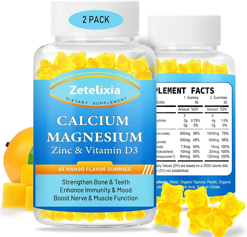 Calcium Magnesio Zinc Gummies per Adulti & Bambini, 1000mg Zucchero Citrato Integratore di Citrato di Calcio Libero,Gemmie di Magnesio ad Alta Assorbimento con Vitamina D3 & K2 - Bone & Muscle & Salute Immune (2 Confezione)