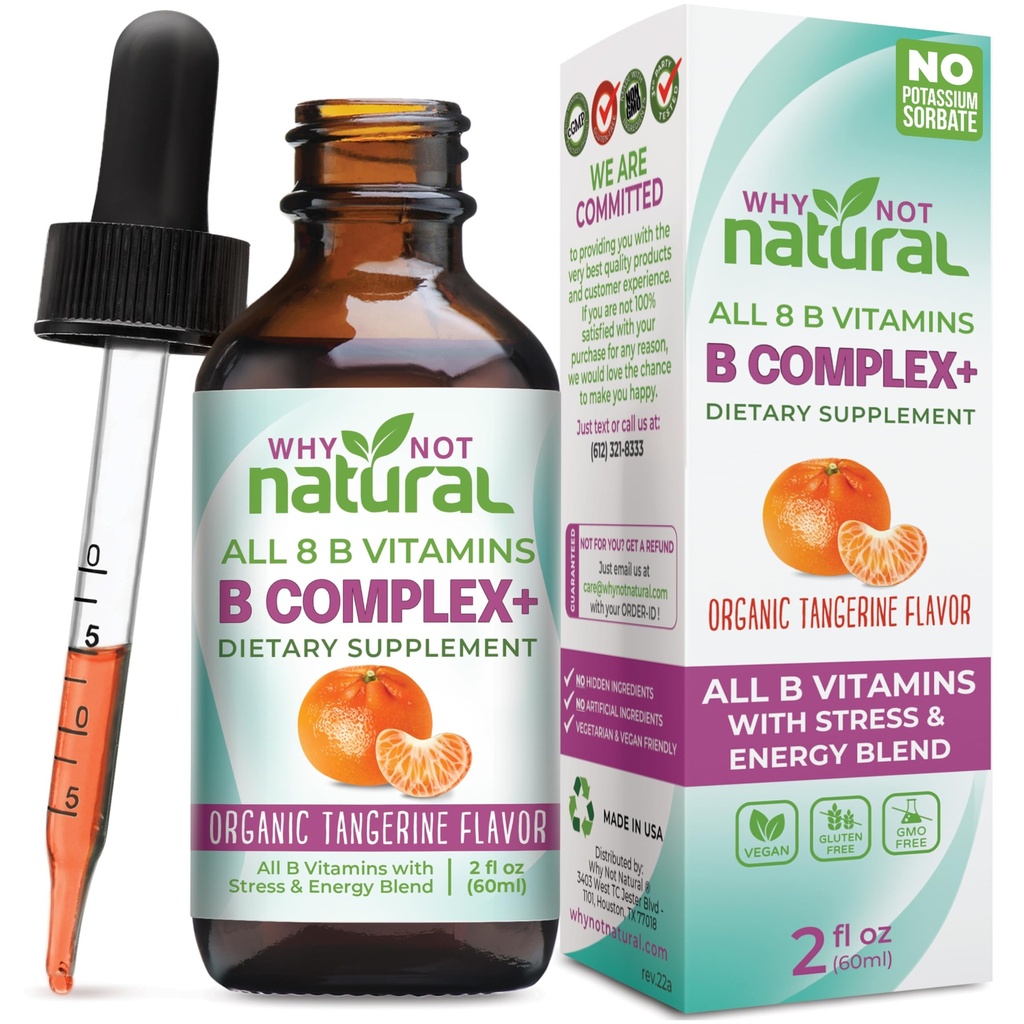 Perché non Natural Vitamin B Complex Liquid Drops - Supplemento per le donne - Vegan e Sublingual Forms di B1 B2 B3 B5 B6 Biotin Folate e Choline - Plus Blend for Energy Support