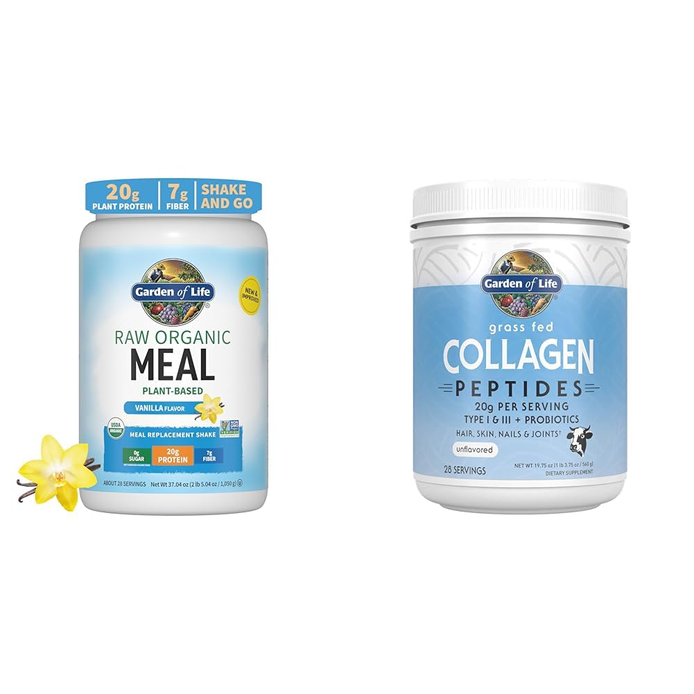 Giardino della vita Vegan Protein Powder - Agitazione di sostituzione del meal organico crudo - Vanilla - Pea Protein & Grass Fed Collagen Peptides Polvere - Polvere di collagene non aromatizzata per le donne Giunti per unghie della pelle dei capelli