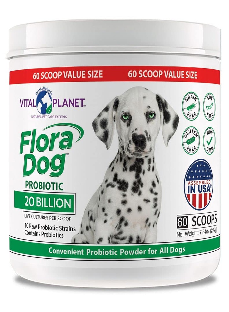 Vital Planet - Flora Dog Probiotic Powder Supplement con 20 miliardi di Culture e 10 Strains, Immune ad alta potenza e Probiotici Digestivi per Cani, 7,84 oz., 222 Grams, 60 Serve