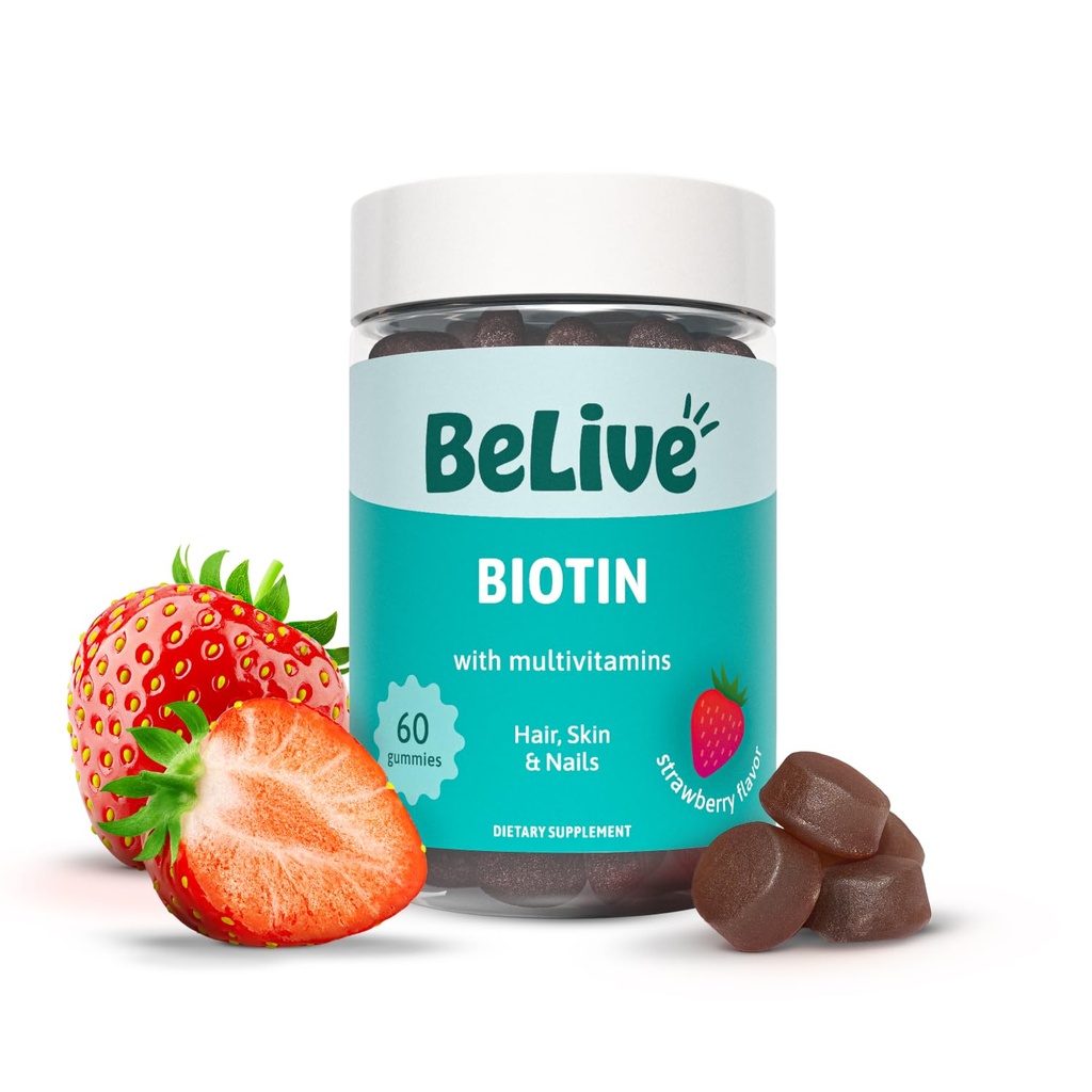 BeLive Biotin Gummies con MultiVitamins, Folate, Inositol – Supporta la crescita dei capelli, Pelle sana e unghie – Vegan, Pectin Based – Fragola Flavor (1)
