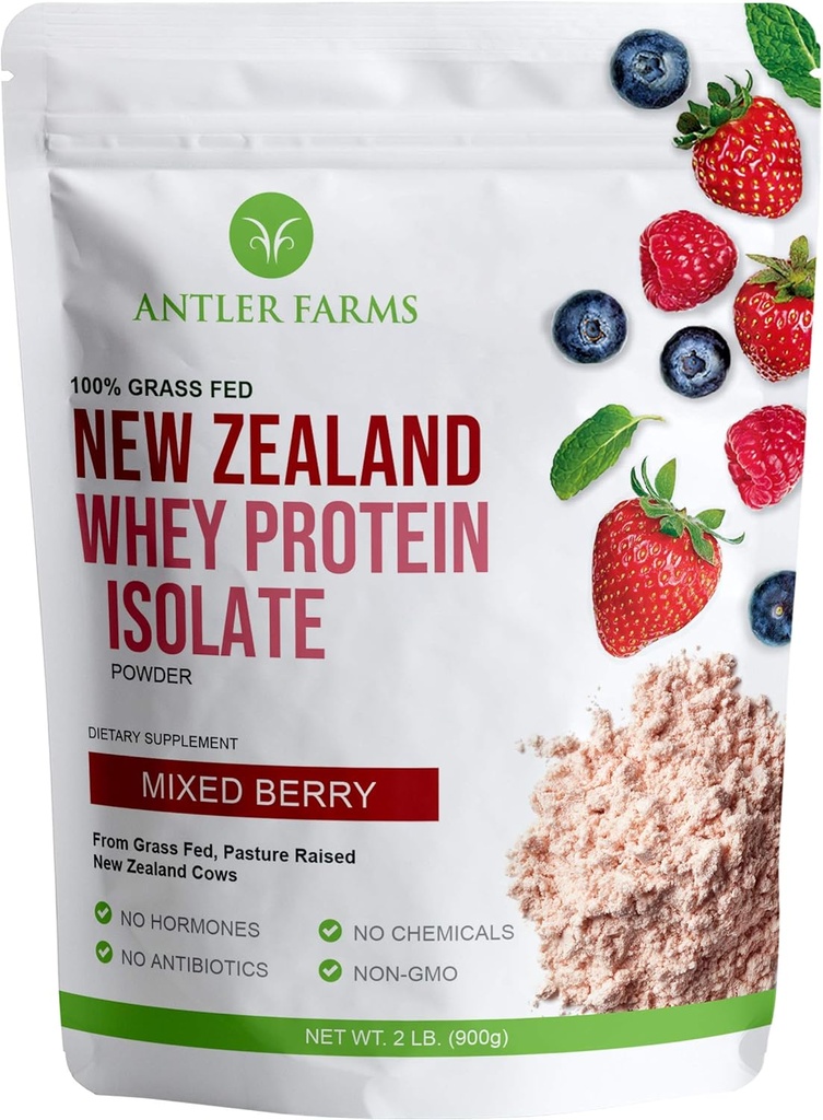 Antler Farms - 100% Grass Fed New Zealand Whey Protein Isolate, Mixed Berry Flavor, 30 Serve, 2 lbs - Delicious, Cold Processed, Rapidly Absorbed, Keto Friendly, NO-Hormones, NO-OGMs