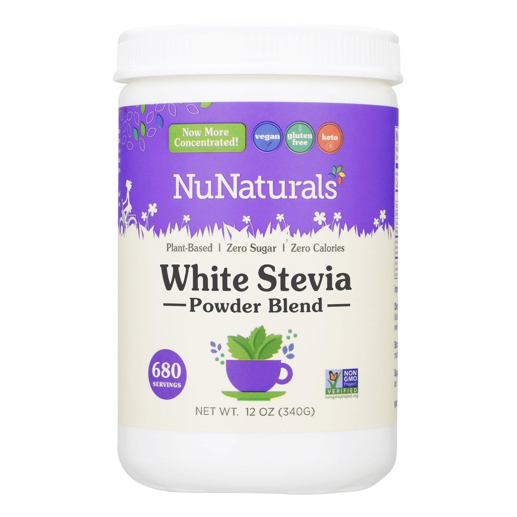 NuNaturals White Stevia Powder Blend, sostituto di zucchero a base vegetale, dolcificante Zero Calorie, 12 oz