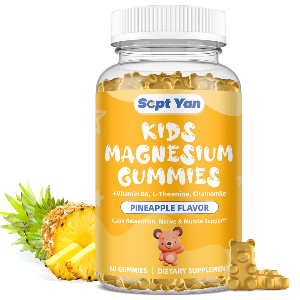 Magnesio Gummies per Bambini - Magnesio Citrato Supplemento con Vitamina B6, L-teanina, Camomilla & Lemon Balm - Magnesio calmo per bambini e adulti Dormire, Relax, Ananas Flavor 60 Gummies