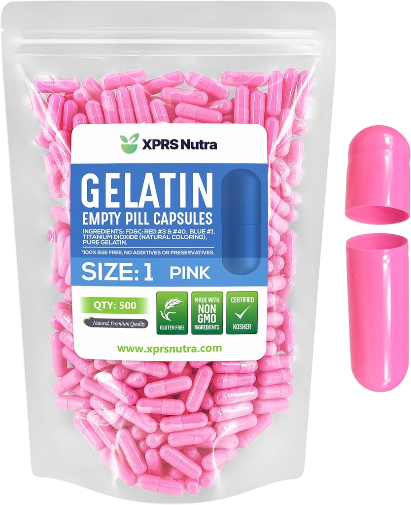 XPRS Nutra Size 1 Capsule Vuoti - 500 Conta Capsule Gelatini Vuoti - Riempimento Pillola Capsule fai da te - Pure Bovine Pill Gel Caps per Do-It-Yourself Supplements (Pink)