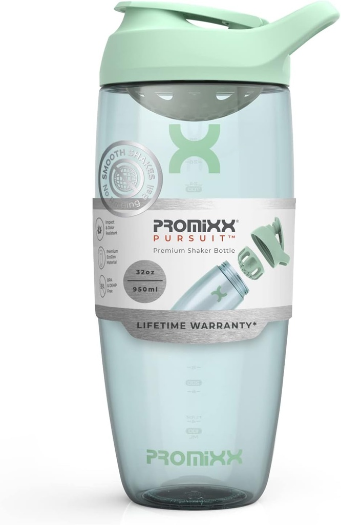 Promix Pursuit Protein Shaker Bottiglia (32 oz) – Silent No-Ball Mixer, Leak-Proof Lid, BPA/BPS & Phthalate-Free ECOZEN – Easy-Clean Shaker Cup for Protein Shakes, Pre & Post-Workout Smoothies