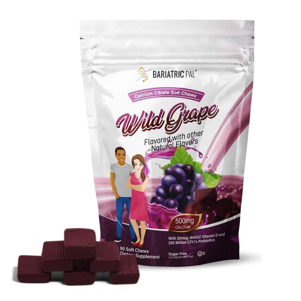 BariatricPal Zucchero-Free Citrato Citrato Soft Chews | 500mg con vitamina D & Probiotics | Uva Selvatica | 90 Conte (1 Mese di Alimentazione)