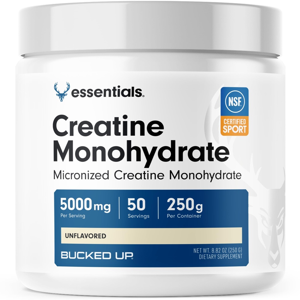 Bucked Up Pure Micronized Creatine Monoidrato per le donne e gli uomini - Facile da mescolare e non aromatizzato - 5G Per servire - 50 Serve - 250 Grammi per contenitore