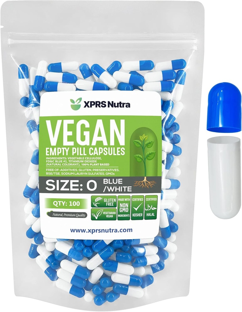 XPRS Nutra Size 0 Capsule Vuote - 100 Count Empty Vegan Capsule - Pillole Vegetariane - DIY Capsule Vegetali Riempimento - Capsula Pillola Veggie per Do-It-Yourself Suplements (Blue/White)