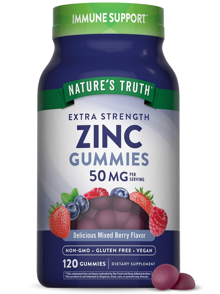 Verità della natura Zinc Gummies per Adulti | 50mg | 120 Count | Vegan, Non-GMO & Gluten Supplemento gratuito | Frumento di bacche miste