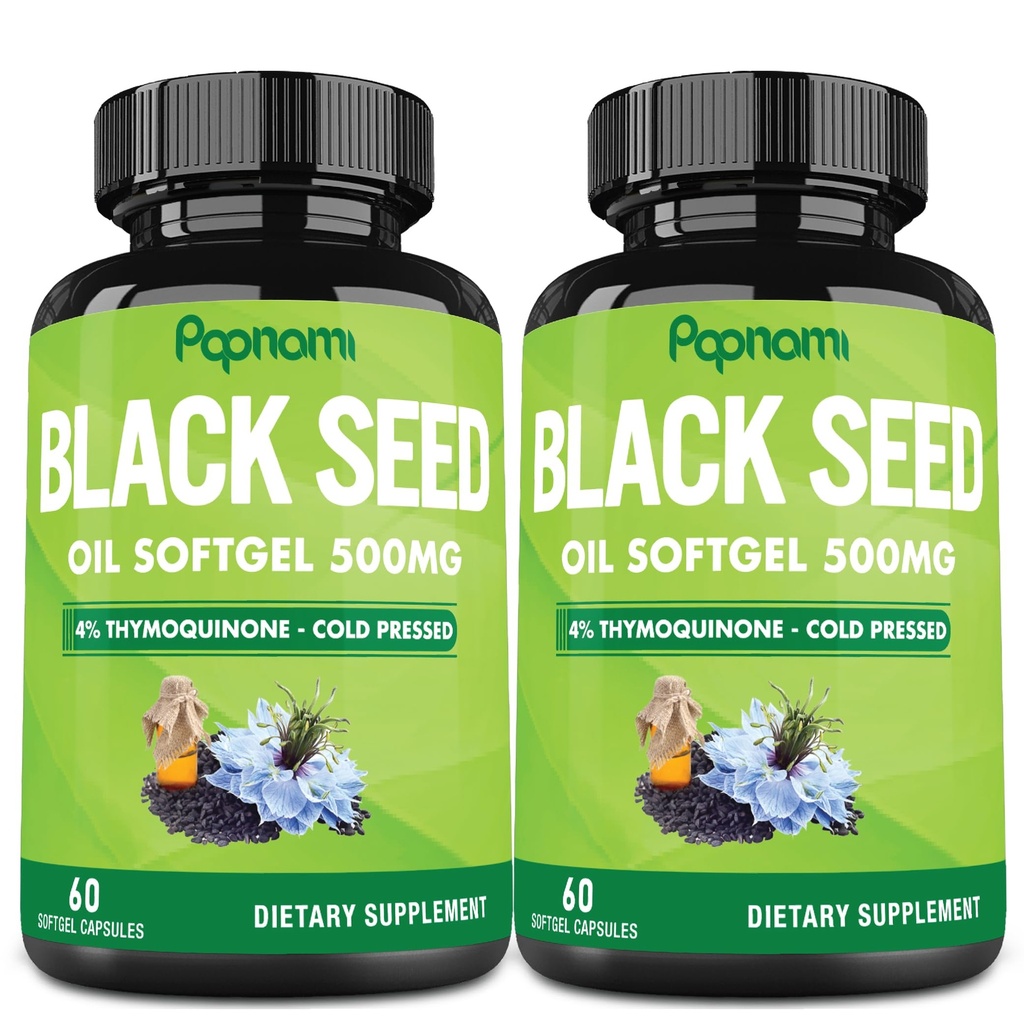Premium Black Seed Oil Softgel Capsule - 2 Pacchetti 60 Conti 500mg - 4 Mesi Fornitura per Immunità, Circolazione, Digestivo, Pelle, Hair & Body Management