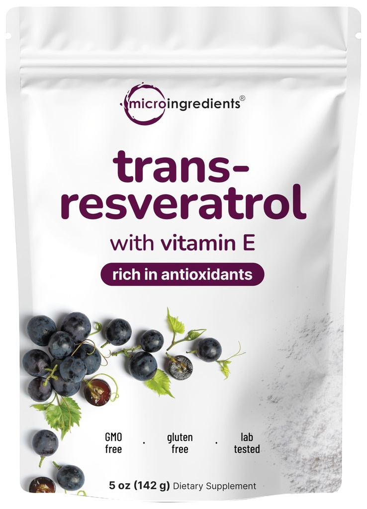 Polvere trans-resveratrolo pura con vitamina E, 5 oncia, 2 in 1 formula, polvere micronizzata per un migliore assorbimento, supplemento di resveratrolo Premium, antiossidante eccellente