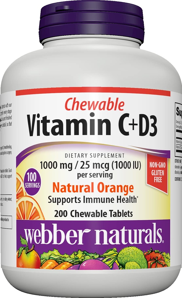 Vitamina C+D3, 200 Compresse arancio masticabili, 1000 mg di vitamina C con 1000 IU di vitamina D3 per la sega, le ossa, i denti, il supporto immunitario e antiossidante, non OGM, latticini e glutine