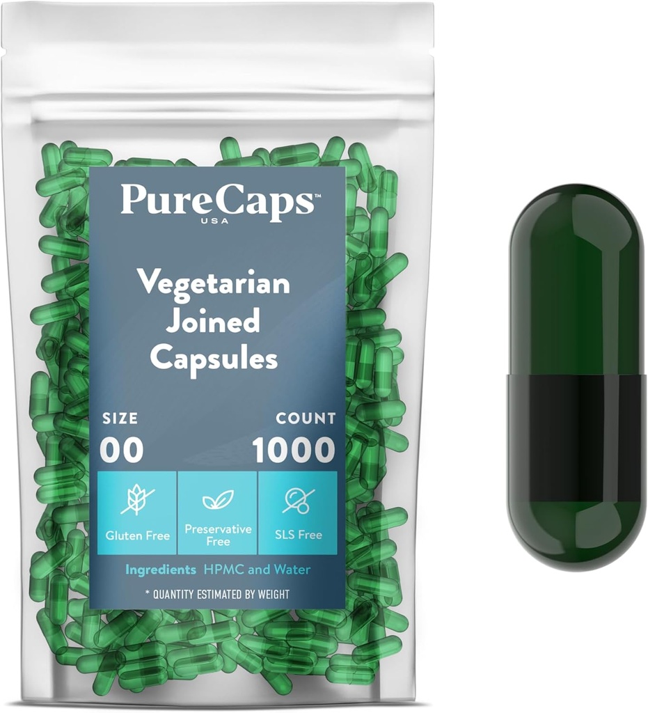 Purecaps USA - Empty Gelatin Pill Capsules Dimensioni 00| 1,000 Pills Joined| Chlorophyll Colored| Non-GMO Certified | SLS, Gluten, Preservative Free