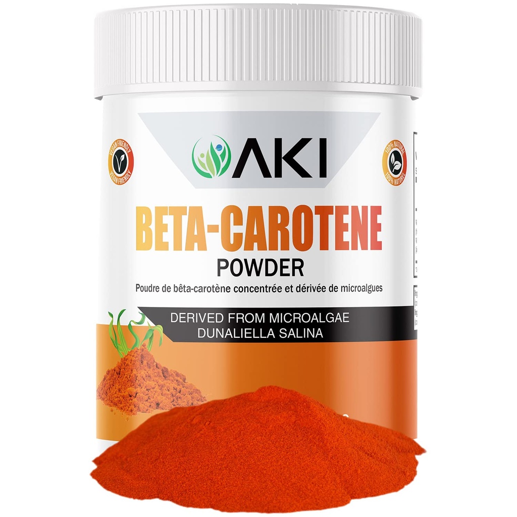 AKI Beta Carotene 10% polvere (1,5oz/42.52g) aromatizzante altamente concentrato Fount di vitamina A, può aiutare a sostenere funzioni del corpo, pelle, sistema immunitario e occhio - OGM Free & Vegan Friendly