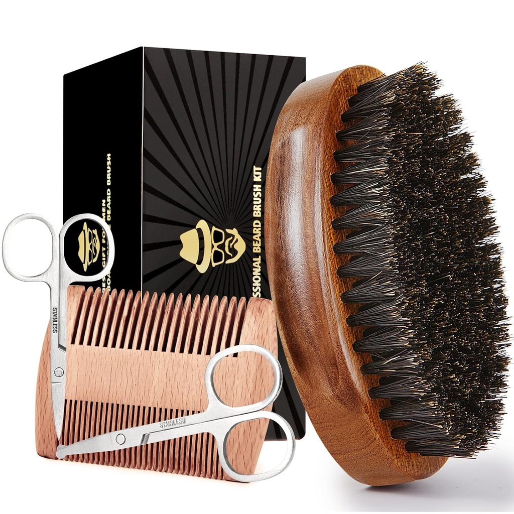 Pennello del cuscinetto di Sosoon per gli uomini, Pennello del cuscinetto del cinghiale puro al 100%, Set di Grooming del cuscinetto Compreso Comb del cuscinetto, 2 Pcs Forbici Mustache, e Borsa da viaggio