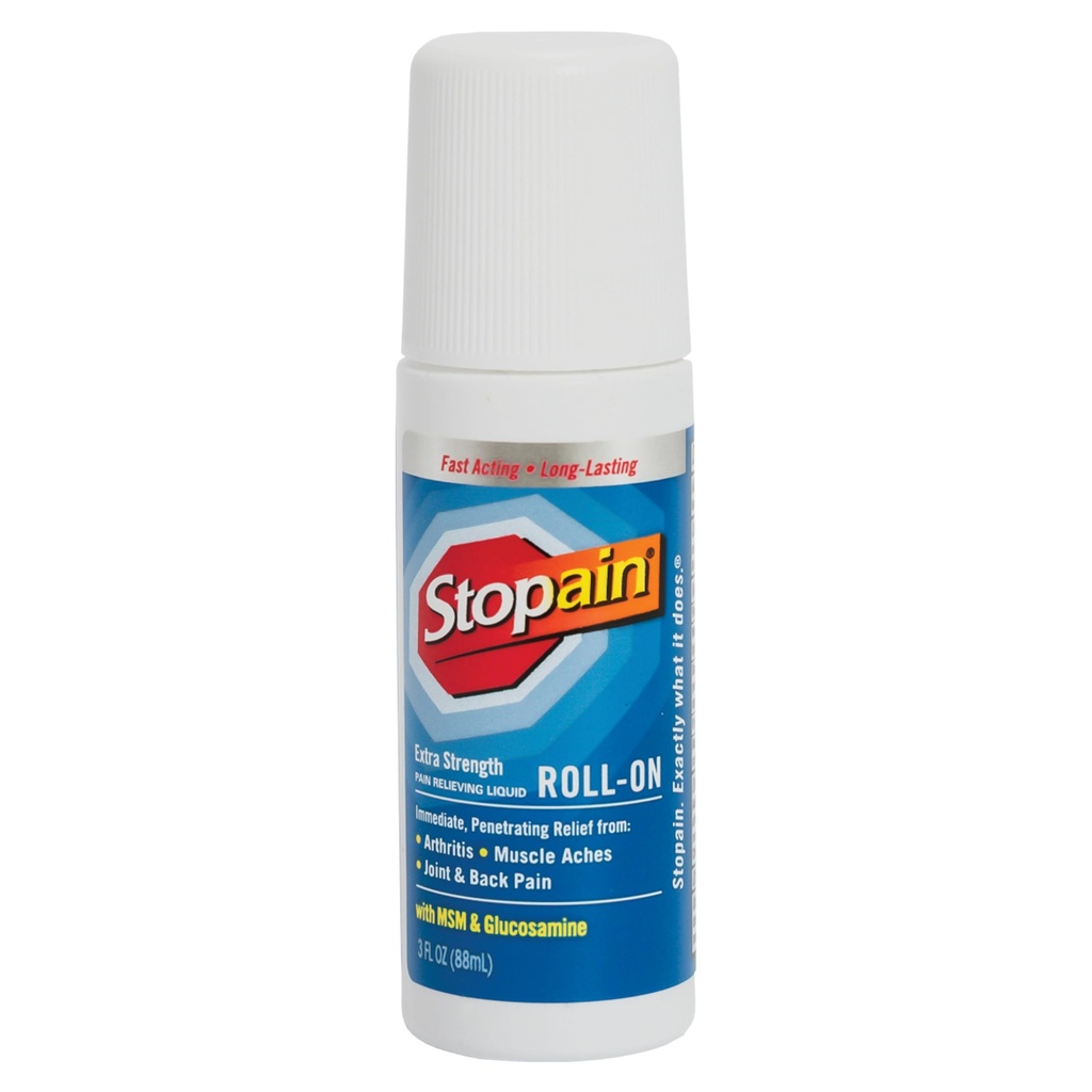 Stopain Pain Relief Roll On Gel 3oz, USA Made, Max Strength Fast Acting con MSM, Glucosamina, Mentolo per Artrite, Schiena inferiore, Ginocchio, Neck, HSA FSA approvato OTC Topical Analgesic Products