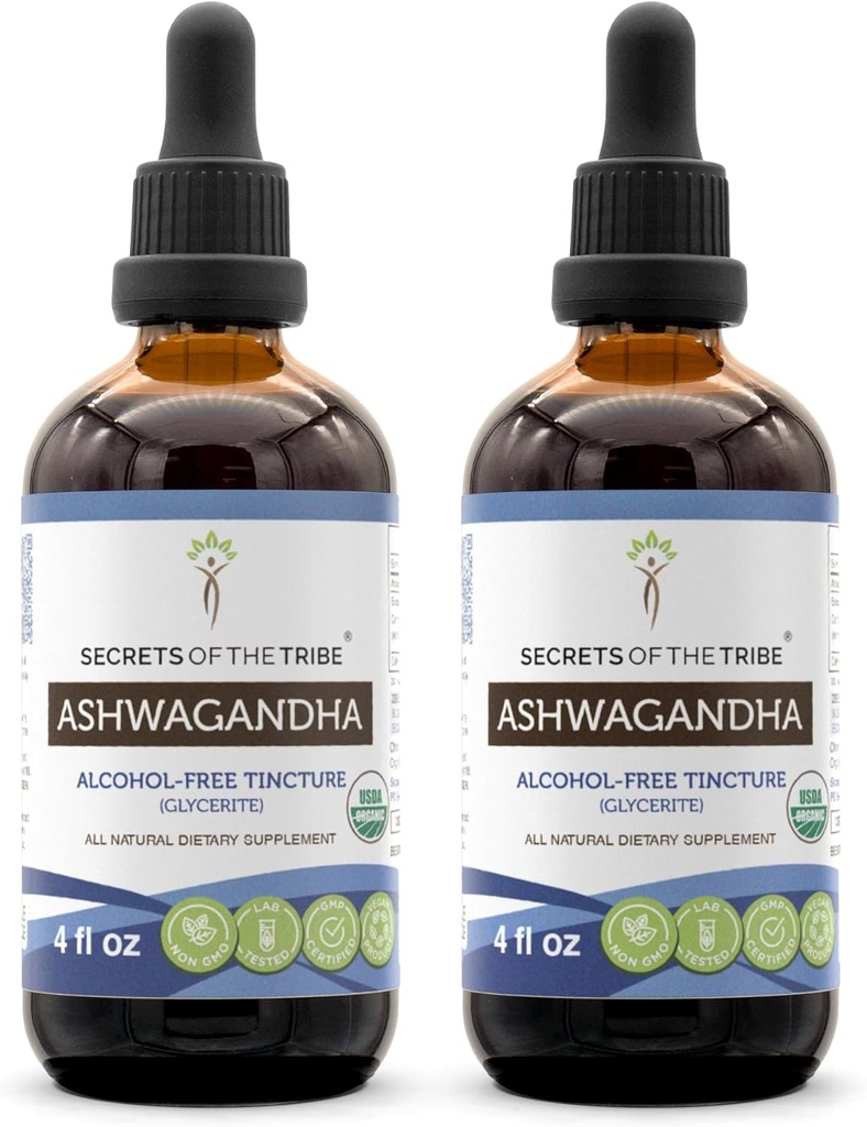 Ashwagandha Tincture Alcohol-Free Extract, USDA Organic Ashwagandha Withania Somnifera Anti-Stress e Relax 2x4 OZ