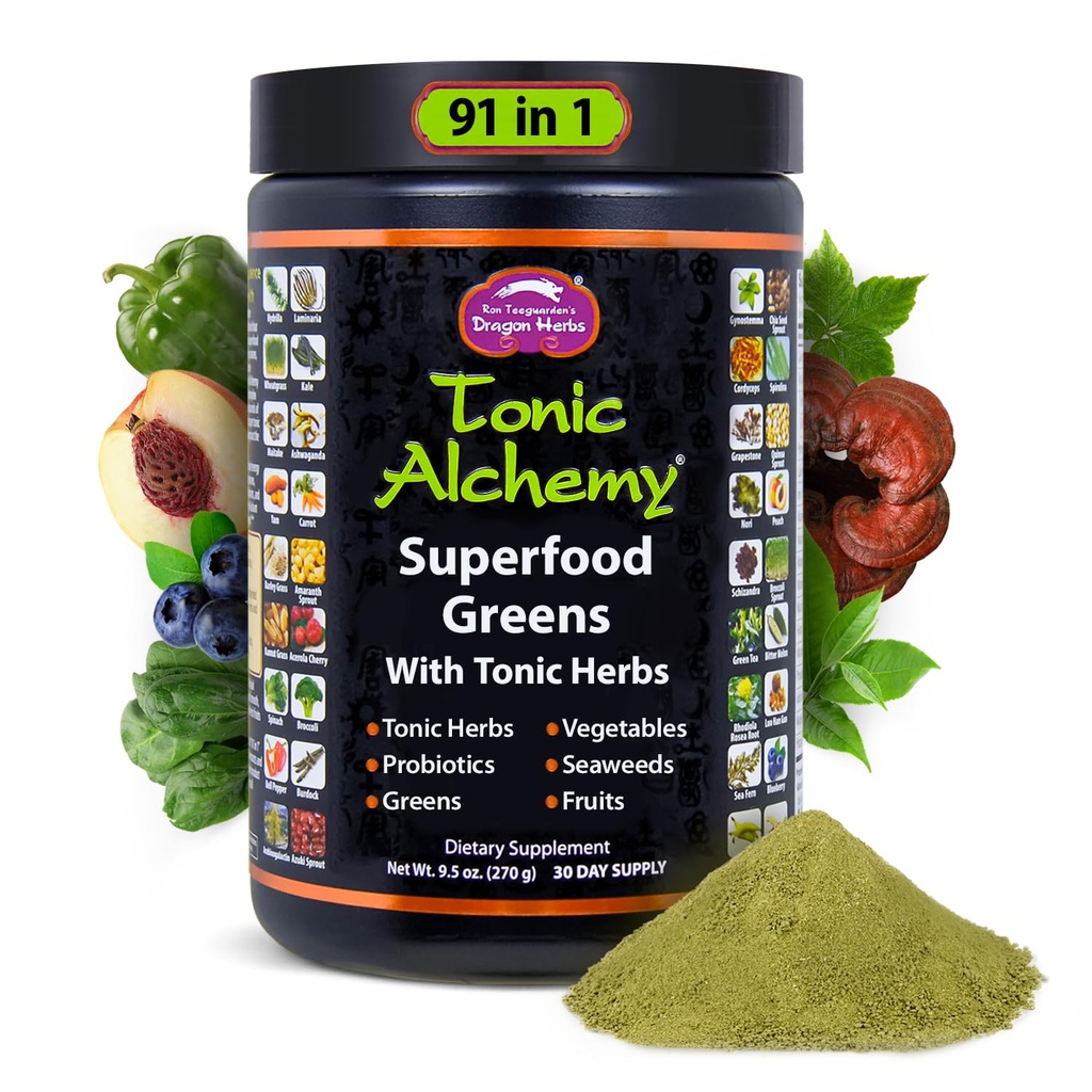 Dragon Herbs Tonic Alchemy Superfood Greens Polvere con 91 ingredienti: erbe toniche, Ashwagandha, funghi, probiotici, Super Greens, alghe, frutta, verdure, Spirulina - 30 Serve