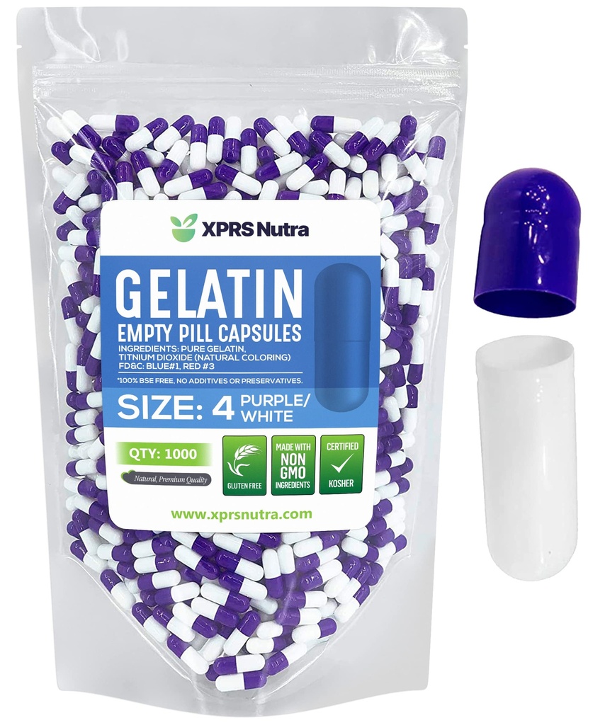 XPRS Nutra Size 4 Capsule Vuoti - 100 Contare Piccole Capsule Gelatina Vuote - Pillole Riempimento Capsule fai-da-te - Fillable Pure Bovine Pill Gel Caps per Do-It-Yourself Supplements (Purple/White)