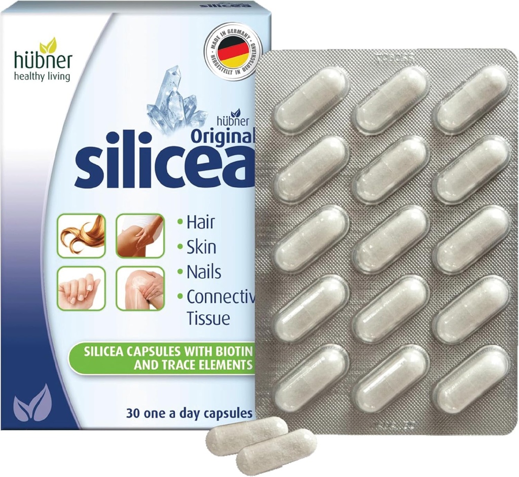 Hübner Original Silicea Gel Un giorno Capsule per Capelli, Pelle, Unghie e Tessuto Connettivo, Pure Colloidal Silica Gel Formula, No Additivi o Preservativi, 30 Serve