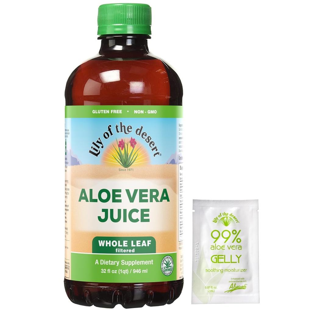 Giglio del deserto Aloe Vera Juice - Tutta la foglia filtrata Aloe Vera Drink, Succo non OGM Aloe con enzimi digestivi naturali per la salute del fegato, Rilievo di Stomach, Benessere, Pelle di Glowing, 32 Fl Oz. Gelly Sachet incluso