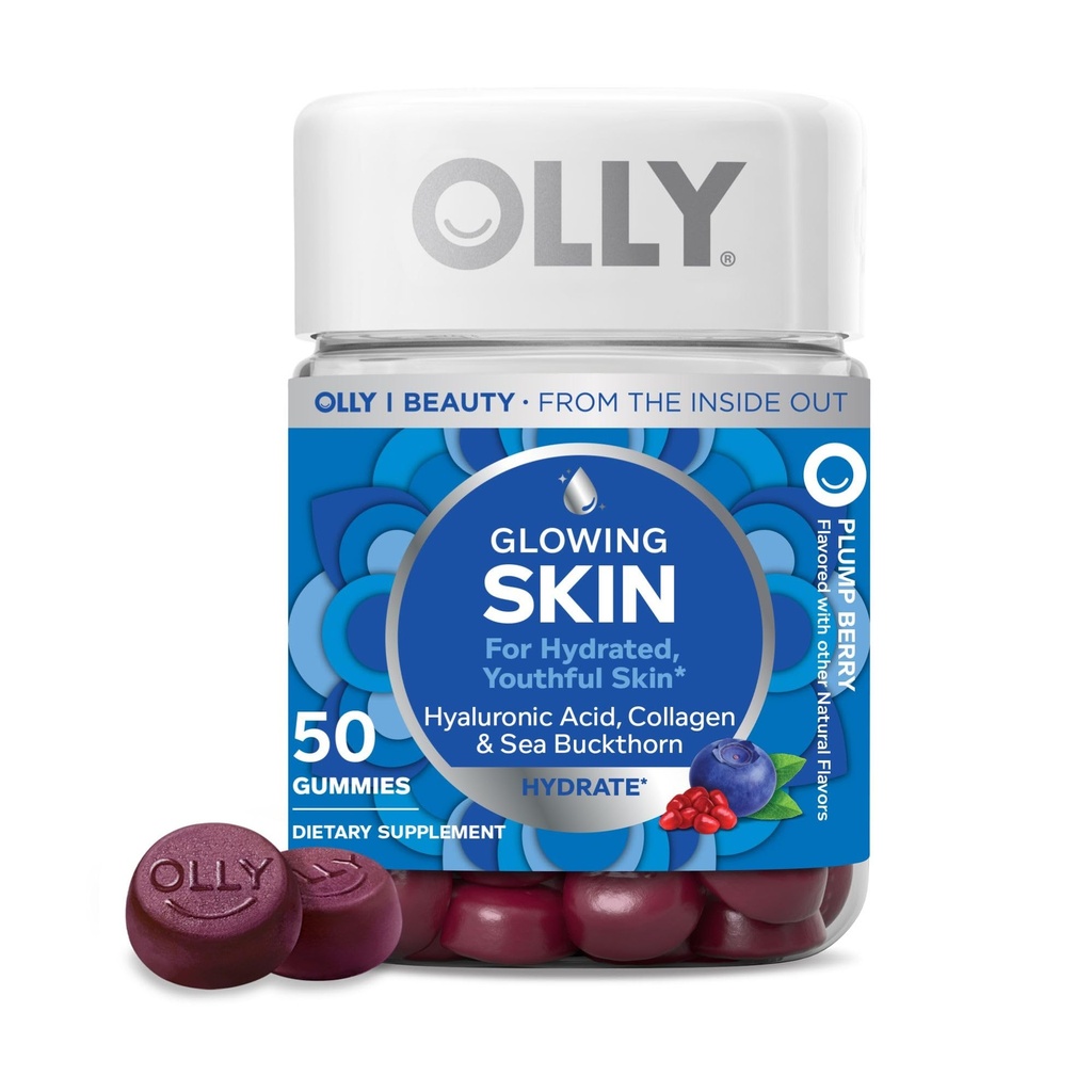 Gomma OLLY Glowing Skin, Hydrated & Youthful Skin, * Acido ialuronico, Peptidi di collagene, Fibbia di mare, Sapore di bacca di Plump, 25 giorni di alimentazione - 50 conte