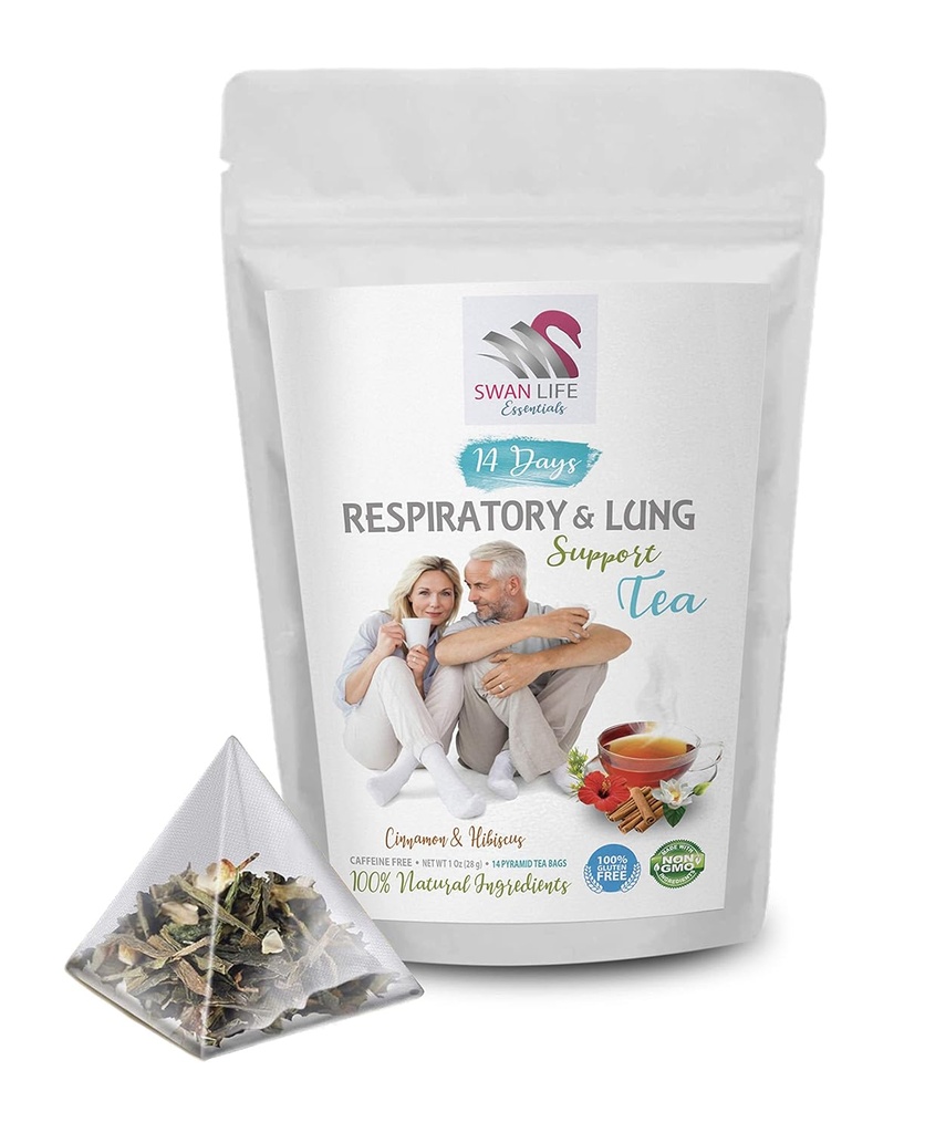 vitamine respiratorie - RESPIRATORY E LUNG SUPPORT TEA 14 giorni con cannella, isbisco, radice di Marshmallow, astragalus, menta piperita, foglia di tè di eucalipto 1 confezione 14 Sacchetti di tè