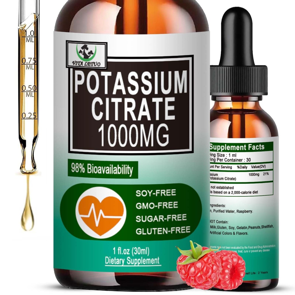 Potassio Citrato gocce liquide, supplemento di potassio 1000mg Liquido supporto Cramp Relief muscolare, salute del cuore e sonno, altamente assorbibile per le donne e gli uomini adulti, Vegan, 30 Serve