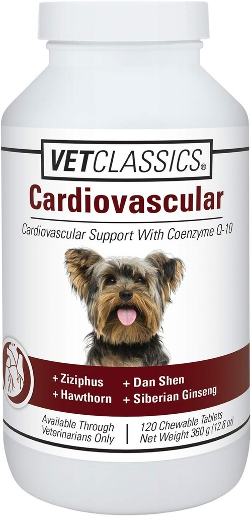 Vet Classics Supporto cardiovascolare con Coenzyme Q-10 per cani, Supporta il sistema cardiovascolare con Ziziphus, Dan Shen, Hawthorn, & Siberian Ginseng, 120 compresse masticabili