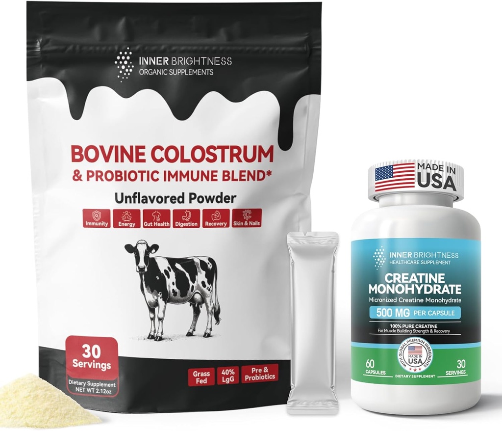 Polvere di Colostrum Supplement per Gut, Salute Immune & Absorbimento Nutriente, 30 Serve + Creatina Monoidrato capsule per il Costruttore di muscolo